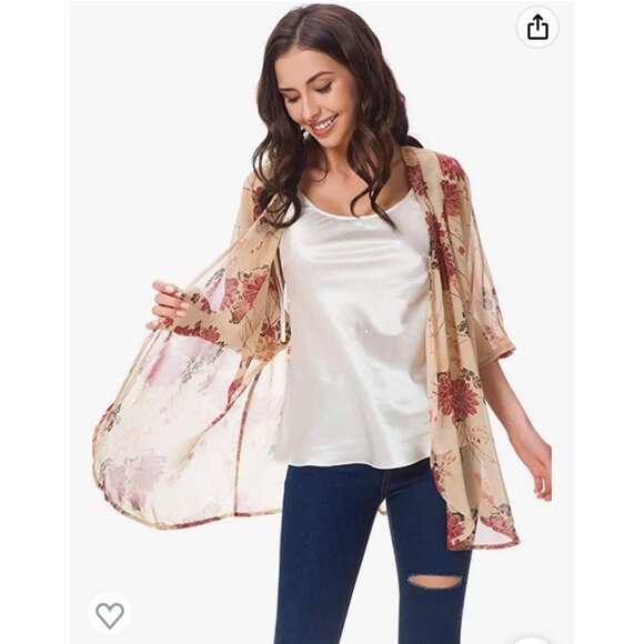 🌸3/$15🌸Beige Floral Sheer Short Sleeve Kimono with Dusty Roses sz Large - Picture 3 of 5